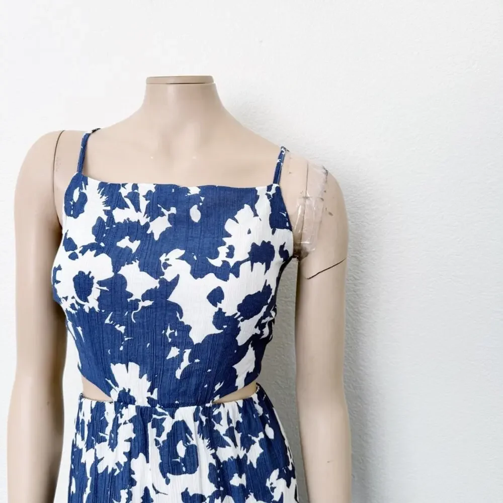 [Abercrombie & Fitch] Blue Crinkle Cutout High Neck Maxi Dress Pockets Size XLP